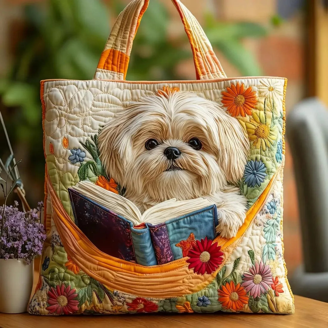 Rankų darbo maišas - Shih Tzu su knygomis ir gėlėmis